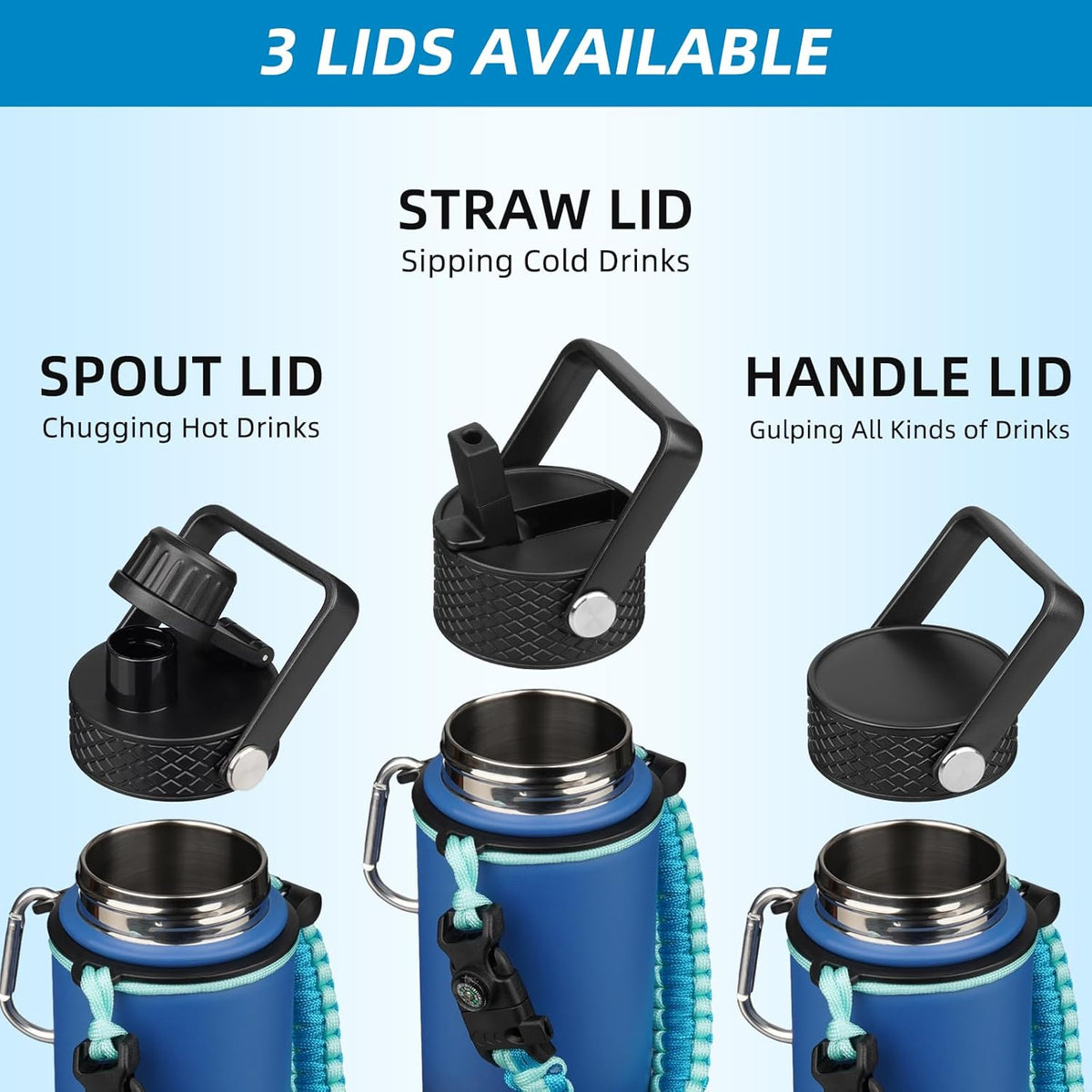18oz Insulated Water Bottle with 3 Lids, Straw Lid & Handle | BPA-Free 18/8 Stainless Steel Bottle with Leak-Proof Lids, Paracord Handle & Removable Silicone Boot for Gym, Hiking, Travel