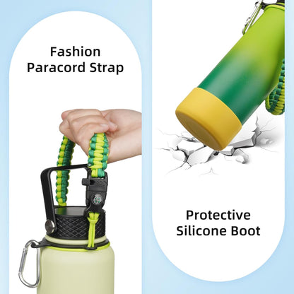 18oz Insulated Water Bottle with 3 Lids, Straw Lid & Handle | BPA-Free 18/8 Stainless Steel Bottle with Leak-Proof Lids, Paracord Handle & Removable Silicone Boot for Gym, Hiking, Travel