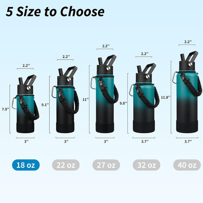 18oz Insulated Water Bottle with 3 Lids, Straw Lid & Handle | BPA-Free 18/8 Stainless Steel Bottle with Leak-Proof Lids, Paracord Handle & Removable Silicone Boot for Gym, Hiking, Travel