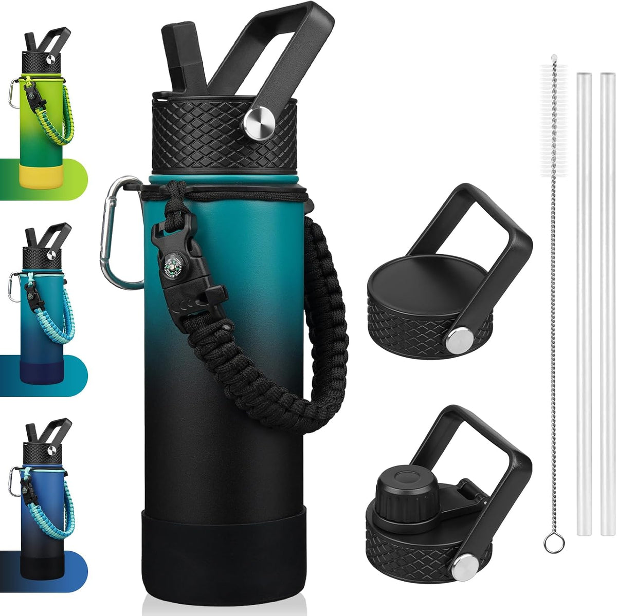 18oz Insulated Water Bottle with 3 Lids, Straw Lid & Handle | BPA-Free 18/8 Stainless Steel Bottle with Leak-Proof Lids, Paracord Handle & Removable Silicone Boot for Gym, Hiking, Travel