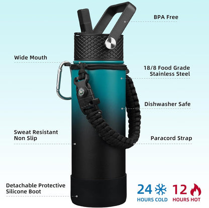 18oz Insulated Water Bottle with 3 Lids, Straw Lid & Handle | BPA-Free 18/8 Stainless Steel Bottle with Leak-Proof Lids, Paracord Handle & Removable Silicone Boot for Gym, Hiking, Travel