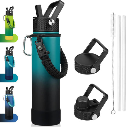 18oz Insulated Water Bottle with 3 Lids, Straw Lid & Handle | BPA-Free 18/8 Stainless Steel Bottle with Leak-Proof Lids, Paracord Handle & Removable Silicone Boot for Gym, Hiking, Travel
