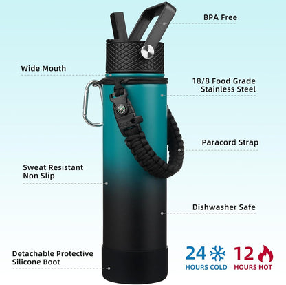 18oz Insulated Water Bottle with 3 Lids, Straw Lid & Handle | BPA-Free 18/8 Stainless Steel Bottle with Leak-Proof Lids, Paracord Handle & Removable Silicone Boot for Gym, Hiking, Travel