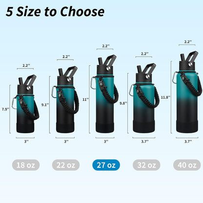 18oz Insulated Water Bottle with 3 Lids, Straw Lid & Handle | BPA-Free 18/8 Stainless Steel Bottle with Leak-Proof Lids, Paracord Handle & Removable Silicone Boot for Gym, Hiking, Travel