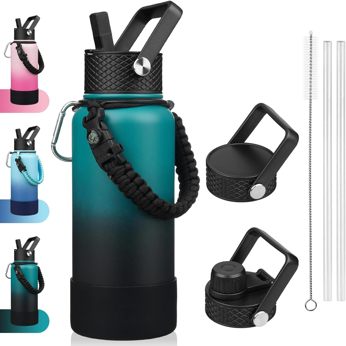 18oz Insulated Water Bottle with 3 Lids, Straw Lid & Handle | BPA-Free 18/8 Stainless Steel Bottle with Leak-Proof Lids, Paracord Handle & Removable Silicone Boot for Gym, Hiking, Travel
