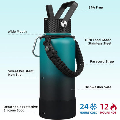 18oz Insulated Water Bottle with 3 Lids, Straw Lid & Handle | BPA-Free 18/8 Stainless Steel Bottle with Leak-Proof Lids, Paracord Handle & Removable Silicone Boot for Gym, Hiking, Travel