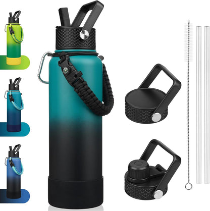 18oz Insulated Water Bottle with 3 Lids, Straw Lid & Handle | BPA-Free 18/8 Stainless Steel Bottle with Leak-Proof Lids, Paracord Handle & Removable Silicone Boot for Gym, Hiking, Travel