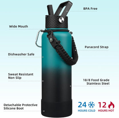 18oz Insulated Water Bottle with 3 Lids, Straw Lid & Handle | BPA-Free 18/8 Stainless Steel Bottle with Leak-Proof Lids, Paracord Handle & Removable Silicone Boot for Gym, Hiking, Travel