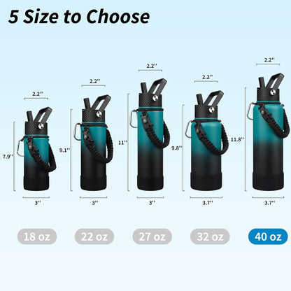 18oz Insulated Water Bottle with 3 Lids, Straw Lid & Handle | BPA-Free 18/8 Stainless Steel Bottle with Leak-Proof Lids, Paracord Handle & Removable Silicone Boot for Gym, Hiking, Travel