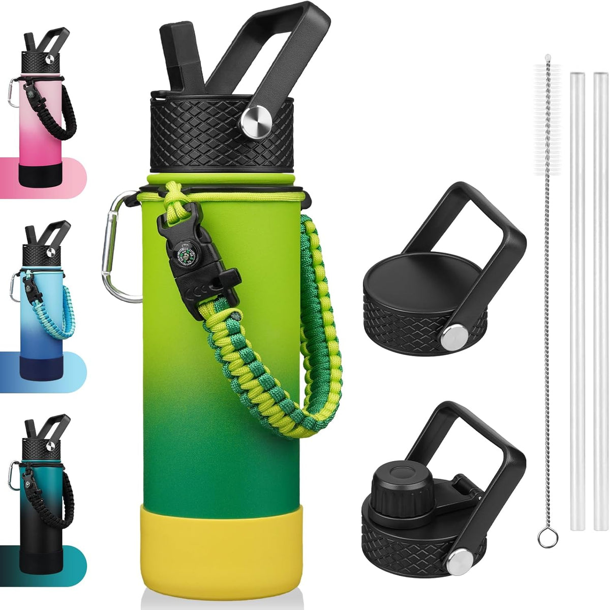 18oz Insulated Water Bottle with 3 Lids, Straw Lid & Handle | BPA-Free 18/8 Stainless Steel Bottle with Leak-Proof Lids, Paracord Handle & Removable Silicone Boot for Gym, Hiking, Travel