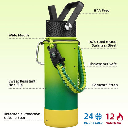 18oz Insulated Water Bottle with 3 Lids, Straw Lid & Handle | BPA-Free 18/8 Stainless Steel Bottle with Leak-Proof Lids, Paracord Handle & Removable Silicone Boot for Gym, Hiking, Travel