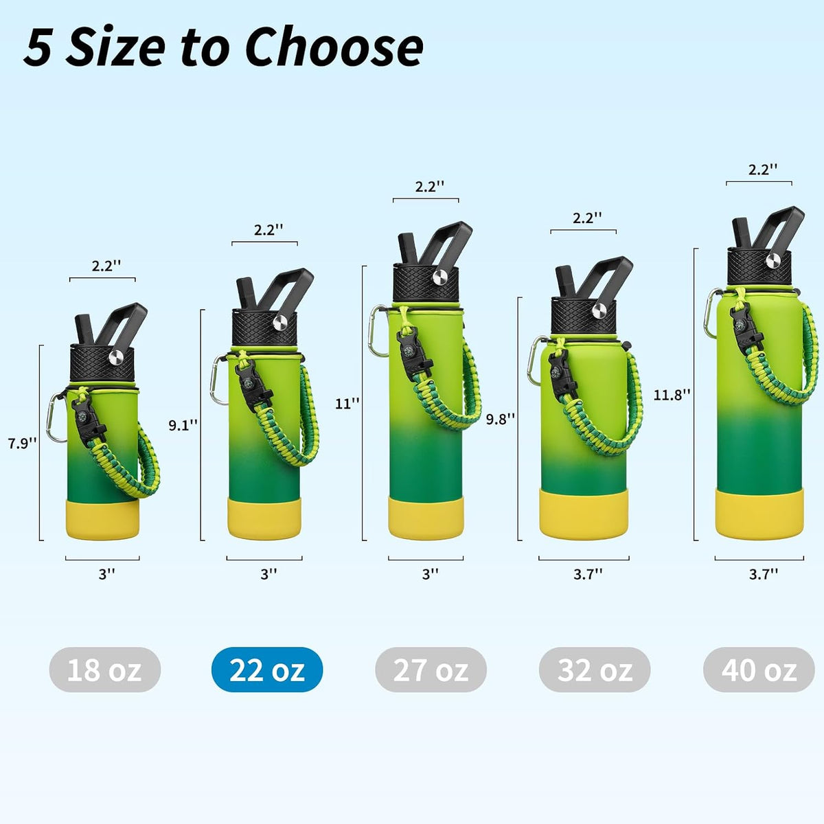 18oz Insulated Water Bottle with 3 Lids, Straw Lid & Handle | BPA-Free 18/8 Stainless Steel Bottle with Leak-Proof Lids, Paracord Handle & Removable Silicone Boot for Gym, Hiking, Travel