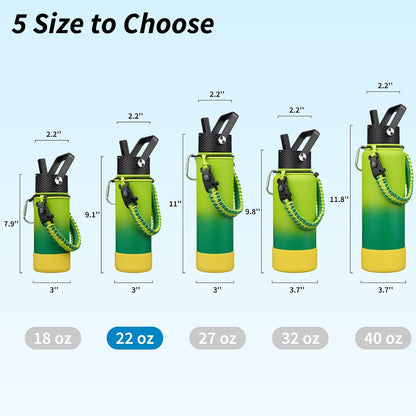 18oz Insulated Water Bottle with 3 Lids, Straw Lid & Handle | BPA-Free 18/8 Stainless Steel Bottle with Leak-Proof Lids, Paracord Handle & Removable Silicone Boot for Gym, Hiking, Travel