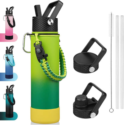 18oz Insulated Water Bottle with 3 Lids, Straw Lid & Handle | BPA-Free 18/8 Stainless Steel Bottle with Leak-Proof Lids, Paracord Handle & Removable Silicone Boot for Gym, Hiking, Travel