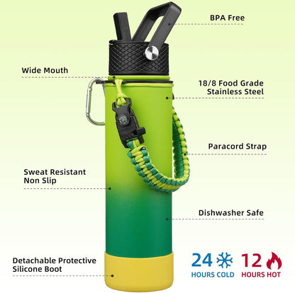 18oz Insulated Water Bottle with 3 Lids, Straw Lid & Handle | BPA-Free 18/8 Stainless Steel Bottle with Leak-Proof Lids, Paracord Handle & Removable Silicone Boot for Gym, Hiking, Travel
