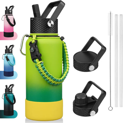18oz Insulated Water Bottle with 3 Lids, Straw Lid & Handle | BPA-Free 18/8 Stainless Steel Bottle with Leak-Proof Lids, Paracord Handle & Removable Silicone Boot for Gym, Hiking, Travel