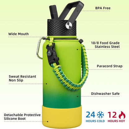 18oz Insulated Water Bottle with 3 Lids, Straw Lid & Handle | BPA-Free 18/8 Stainless Steel Bottle with Leak-Proof Lids, Paracord Handle & Removable Silicone Boot for Gym, Hiking, Travel