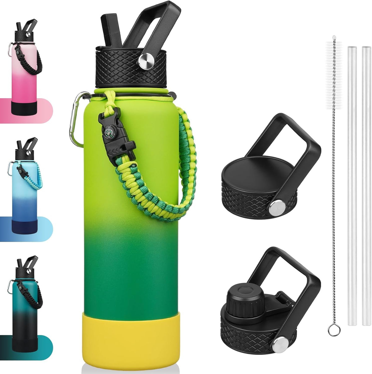 18oz Insulated Water Bottle with 3 Lids, Straw Lid & Handle | BPA-Free 18/8 Stainless Steel Bottle with Leak-Proof Lids, Paracord Handle & Removable Silicone Boot for Gym, Hiking, Travel