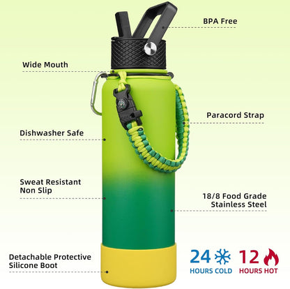18oz Insulated Water Bottle with 3 Lids, Straw Lid & Handle | BPA-Free 18/8 Stainless Steel Bottle with Leak-Proof Lids, Paracord Handle & Removable Silicone Boot for Gym, Hiking, Travel