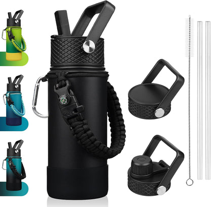 18oz Insulated Water Bottle with 3 Lids, Straw Lid & Handle | BPA-Free 18/8 Stainless Steel Bottle with Leak-Proof Lids, Paracord Handle & Removable Silicone Boot for Gym, Hiking, Travel