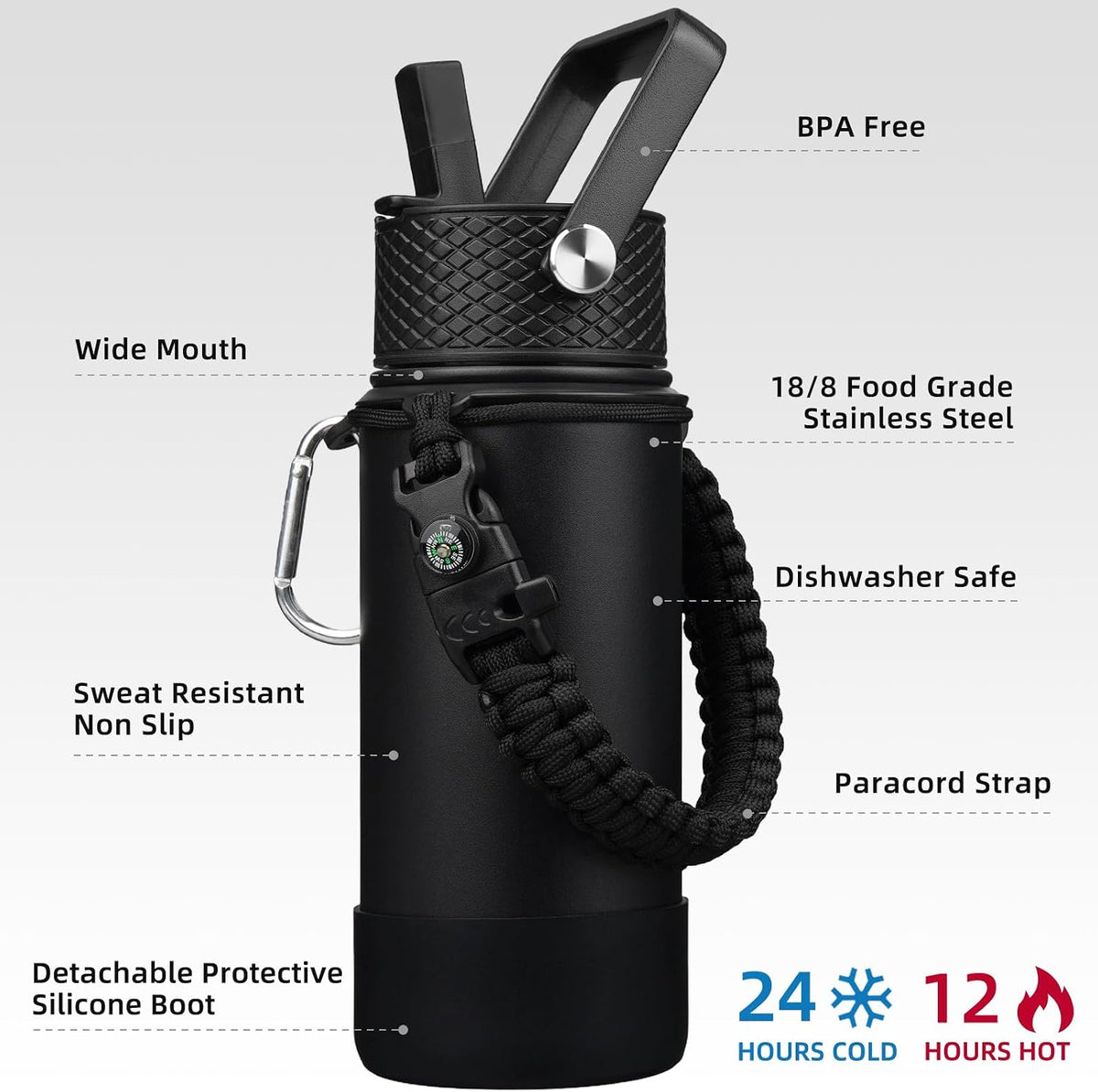 18oz Insulated Water Bottle with 3 Lids, Straw Lid & Handle | BPA-Free 18/8 Stainless Steel Bottle with Leak-Proof Lids, Paracord Handle & Removable Silicone Boot for Gym, Hiking, Travel