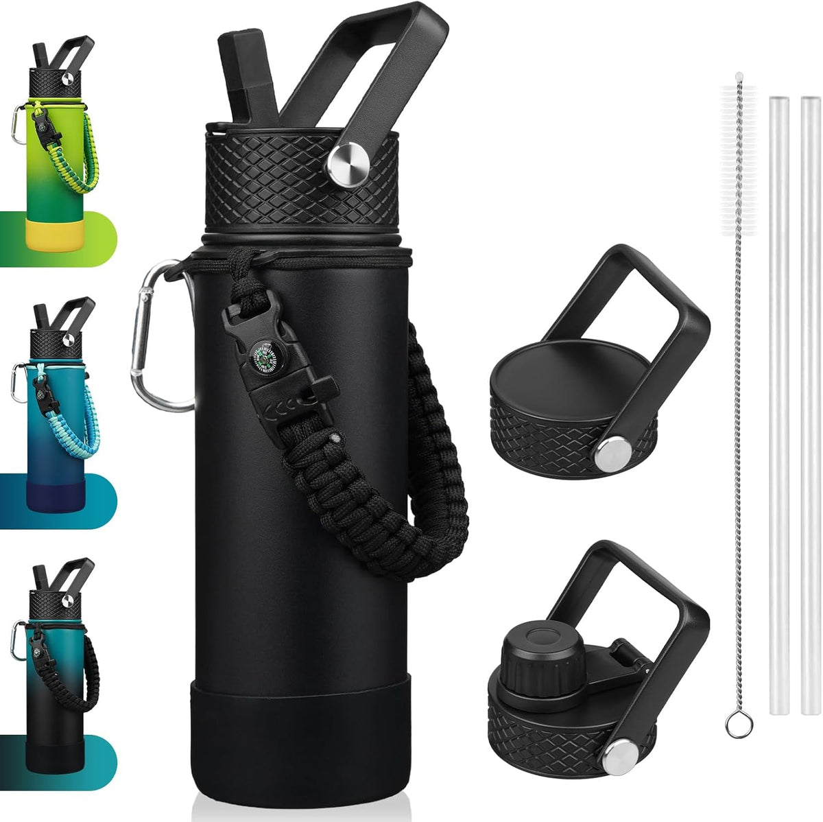 18oz Insulated Water Bottle with 3 Lids, Straw Lid & Handle | BPA-Free 18/8 Stainless Steel Bottle with Leak-Proof Lids, Paracord Handle & Removable Silicone Boot for Gym, Hiking, Travel