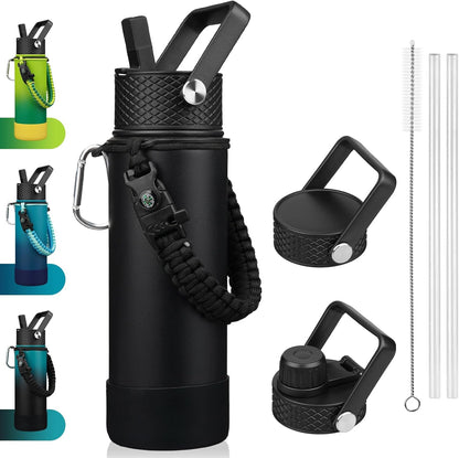 18oz Insulated Water Bottle with 3 Lids, Straw Lid & Handle | BPA-Free 18/8 Stainless Steel Bottle with Leak-Proof Lids, Paracord Handle & Removable Silicone Boot for Gym, Hiking, Travel