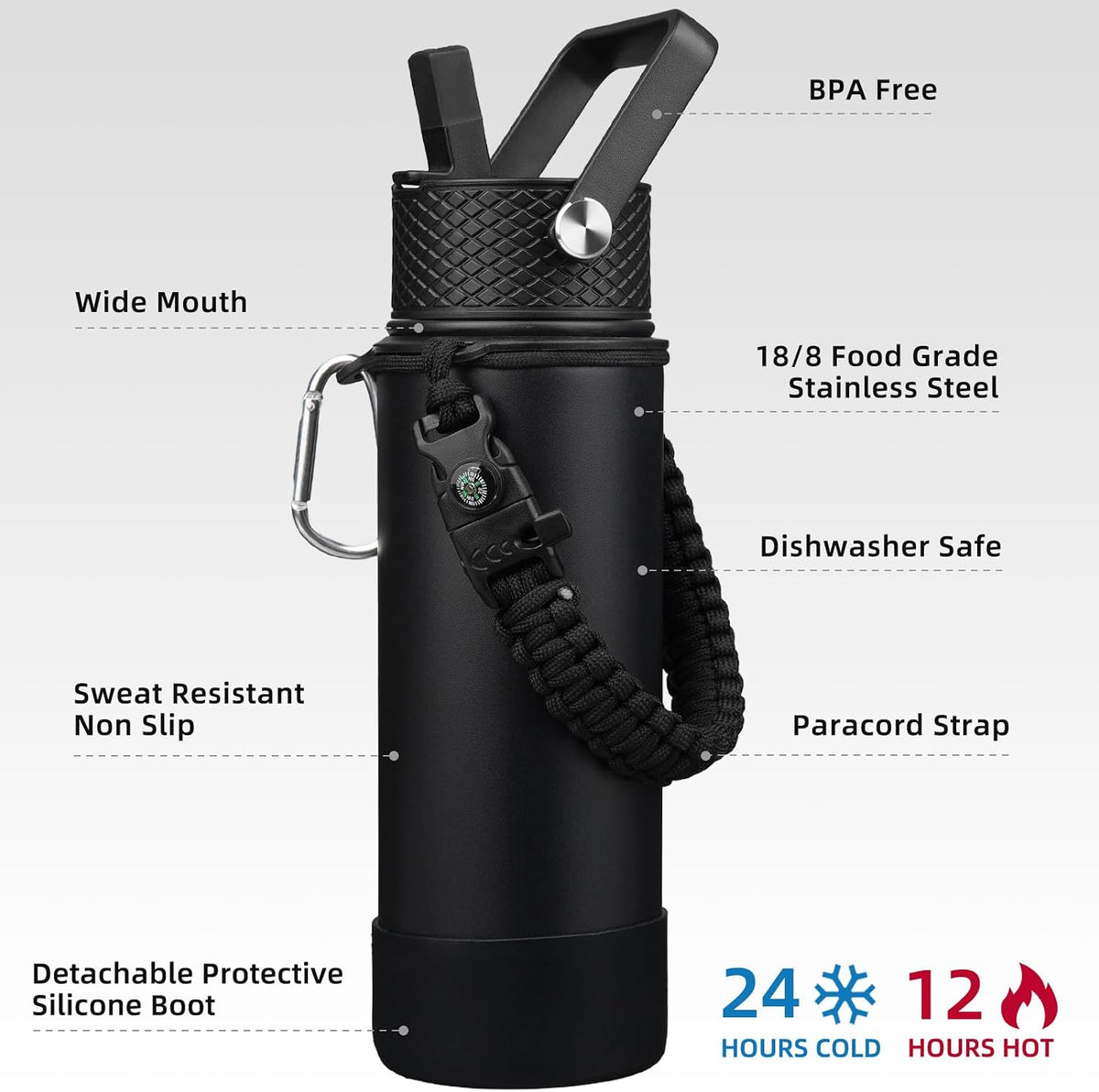 18oz Insulated Water Bottle with 3 Lids, Straw Lid & Handle | BPA-Free 18/8 Stainless Steel Bottle with Leak-Proof Lids, Paracord Handle & Removable Silicone Boot for Gym, Hiking, Travel