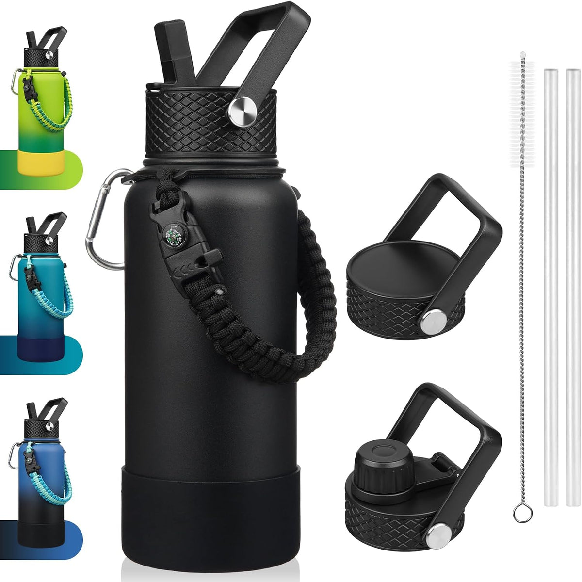18oz Insulated Water Bottle with 3 Lids, Straw Lid & Handle | BPA-Free 18/8 Stainless Steel Bottle with Leak-Proof Lids, Paracord Handle & Removable Silicone Boot for Gym, Hiking, Travel