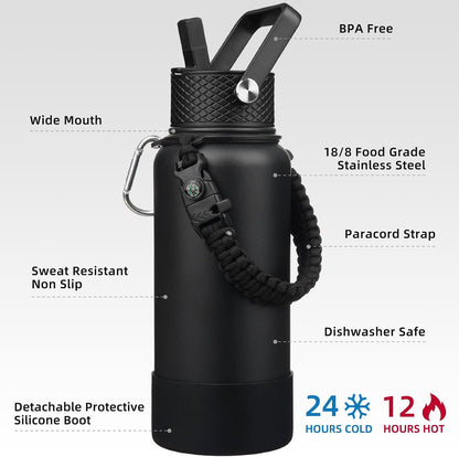 18oz Insulated Water Bottle with 3 Lids, Straw Lid & Handle | BPA-Free 18/8 Stainless Steel Bottle with Leak-Proof Lids, Paracord Handle & Removable Silicone Boot for Gym, Hiking, Travel