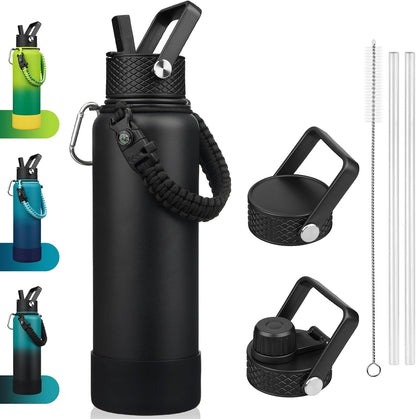 18oz Insulated Water Bottle with 3 Lids, Straw Lid & Handle | BPA-Free 18/8 Stainless Steel Bottle with Leak-Proof Lids, Paracord Handle & Removable Silicone Boot for Gym, Hiking, Travel
