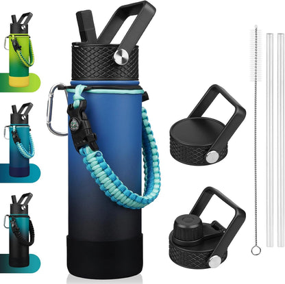 18oz Insulated Water Bottle with 3 Lids, Straw Lid & Handle | BPA-Free 18/8 Stainless Steel Bottle with Leak-Proof Lids, Paracord Handle & Removable Silicone Boot for Gym, Hiking, Travel