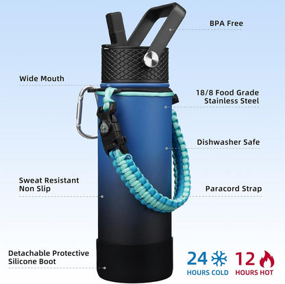 18oz Insulated Water Bottle with 3 Lids, Straw Lid & Handle | BPA-Free 18/8 Stainless Steel Bottle with Leak-Proof Lids, Paracord Handle & Removable Silicone Boot for Gym, Hiking, Travel