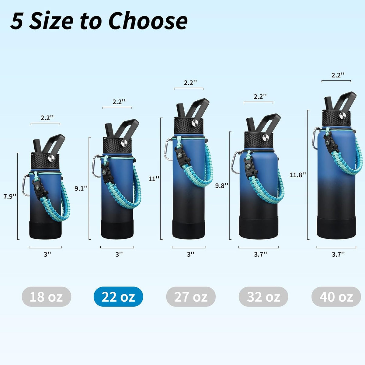 18oz Insulated Water Bottle with 3 Lids, Straw Lid & Handle | BPA-Free 18/8 Stainless Steel Bottle with Leak-Proof Lids, Paracord Handle & Removable Silicone Boot for Gym, Hiking, Travel