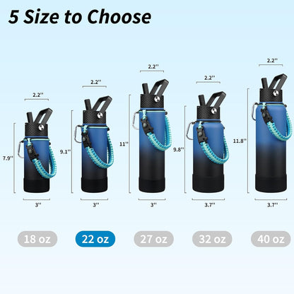 18oz Insulated Water Bottle with 3 Lids, Straw Lid & Handle | BPA-Free 18/8 Stainless Steel Bottle with Leak-Proof Lids, Paracord Handle & Removable Silicone Boot for Gym, Hiking, Travel