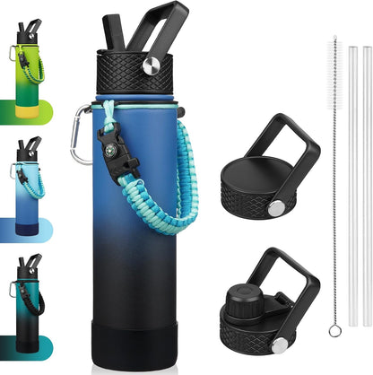 18oz Insulated Water Bottle with 3 Lids, Straw Lid & Handle | BPA-Free 18/8 Stainless Steel Bottle with Leak-Proof Lids, Paracord Handle & Removable Silicone Boot for Gym, Hiking, Travel