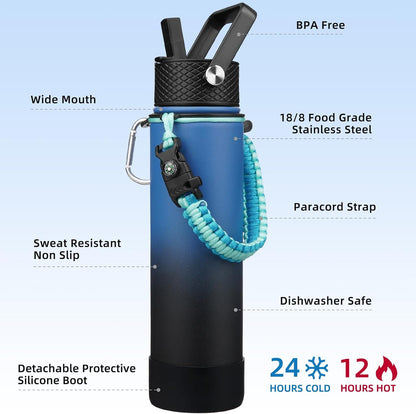 18oz Insulated Water Bottle with 3 Lids, Straw Lid & Handle | BPA-Free 18/8 Stainless Steel Bottle with Leak-Proof Lids, Paracord Handle & Removable Silicone Boot for Gym, Hiking, Travel