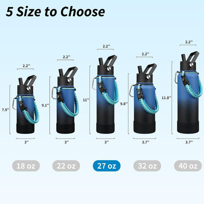 18oz Insulated Water Bottle with 3 Lids, Straw Lid & Handle | BPA-Free 18/8 Stainless Steel Bottle with Leak-Proof Lids, Paracord Handle & Removable Silicone Boot for Gym, Hiking, Travel