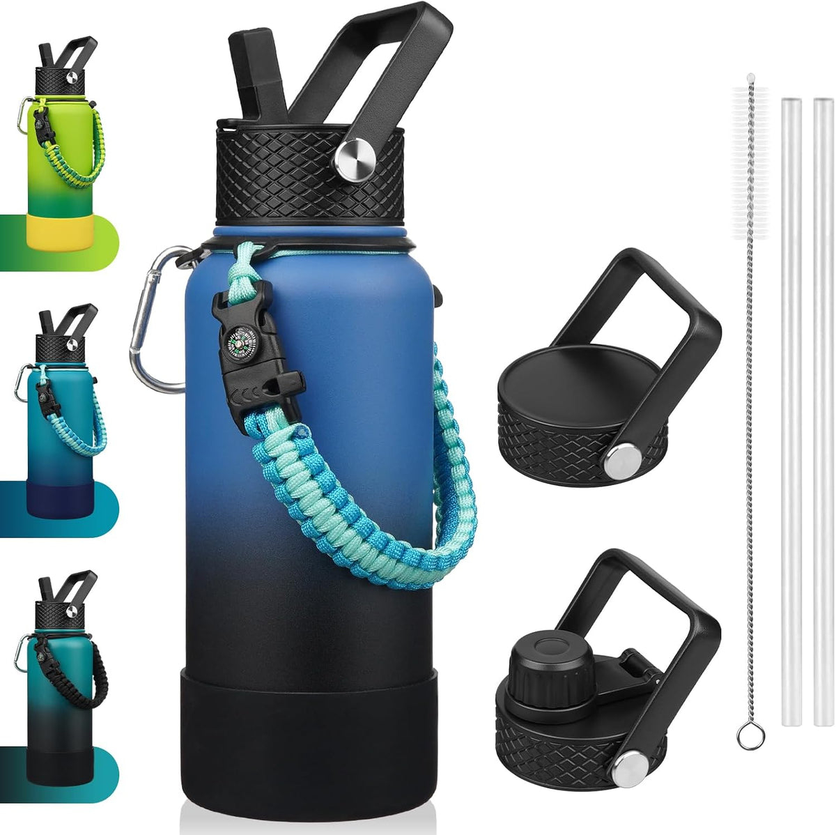 18oz Insulated Water Bottle with 3 Lids, Straw Lid & Handle | BPA-Free 18/8 Stainless Steel Bottle with Leak-Proof Lids, Paracord Handle & Removable Silicone Boot for Gym, Hiking, Travel