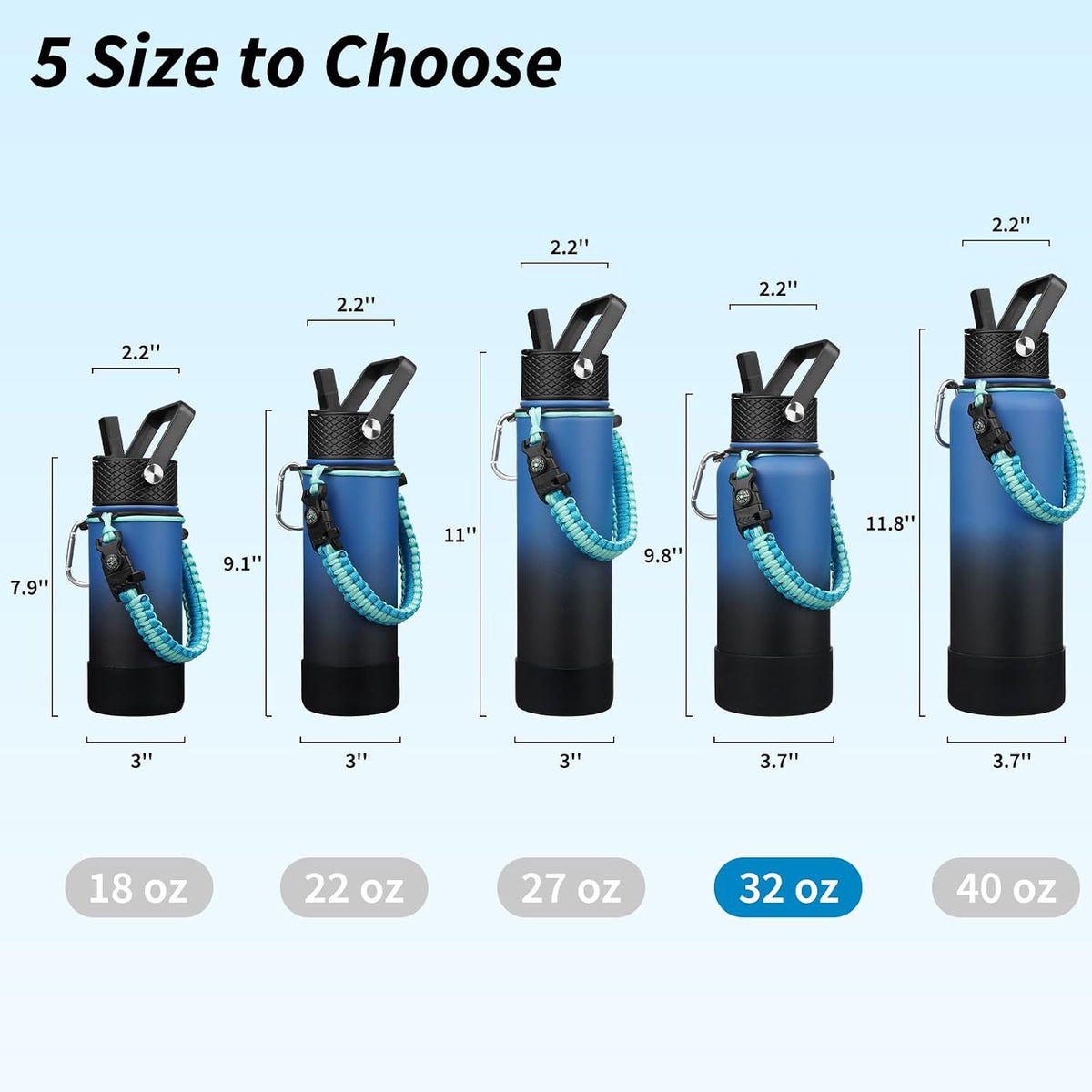 18oz Insulated Water Bottle with 3 Lids, Straw Lid & Handle | BPA-Free 18/8 Stainless Steel Bottle with Leak-Proof Lids, Paracord Handle & Removable Silicone Boot for Gym, Hiking, Travel