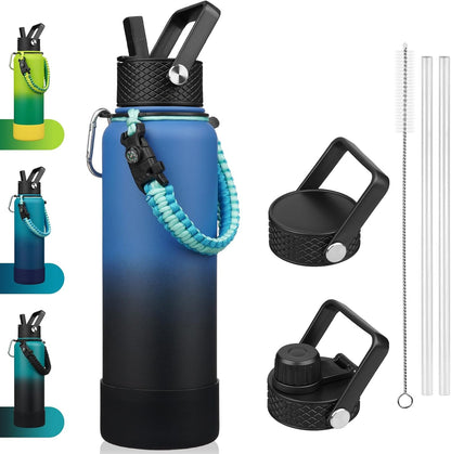 18oz Insulated Water Bottle with 3 Lids, Straw Lid & Handle | BPA-Free 18/8 Stainless Steel Bottle with Leak-Proof Lids, Paracord Handle & Removable Silicone Boot for Gym, Hiking, Travel