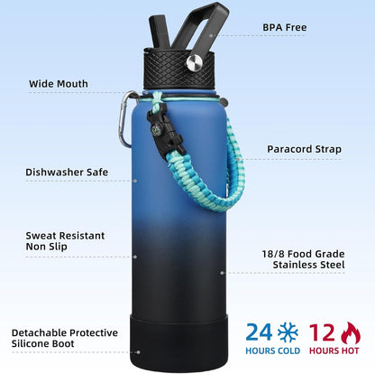 18oz Insulated Water Bottle with 3 Lids, Straw Lid & Handle | BPA-Free 18/8 Stainless Steel Bottle with Leak-Proof Lids, Paracord Handle & Removable Silicone Boot for Gym, Hiking, Travel