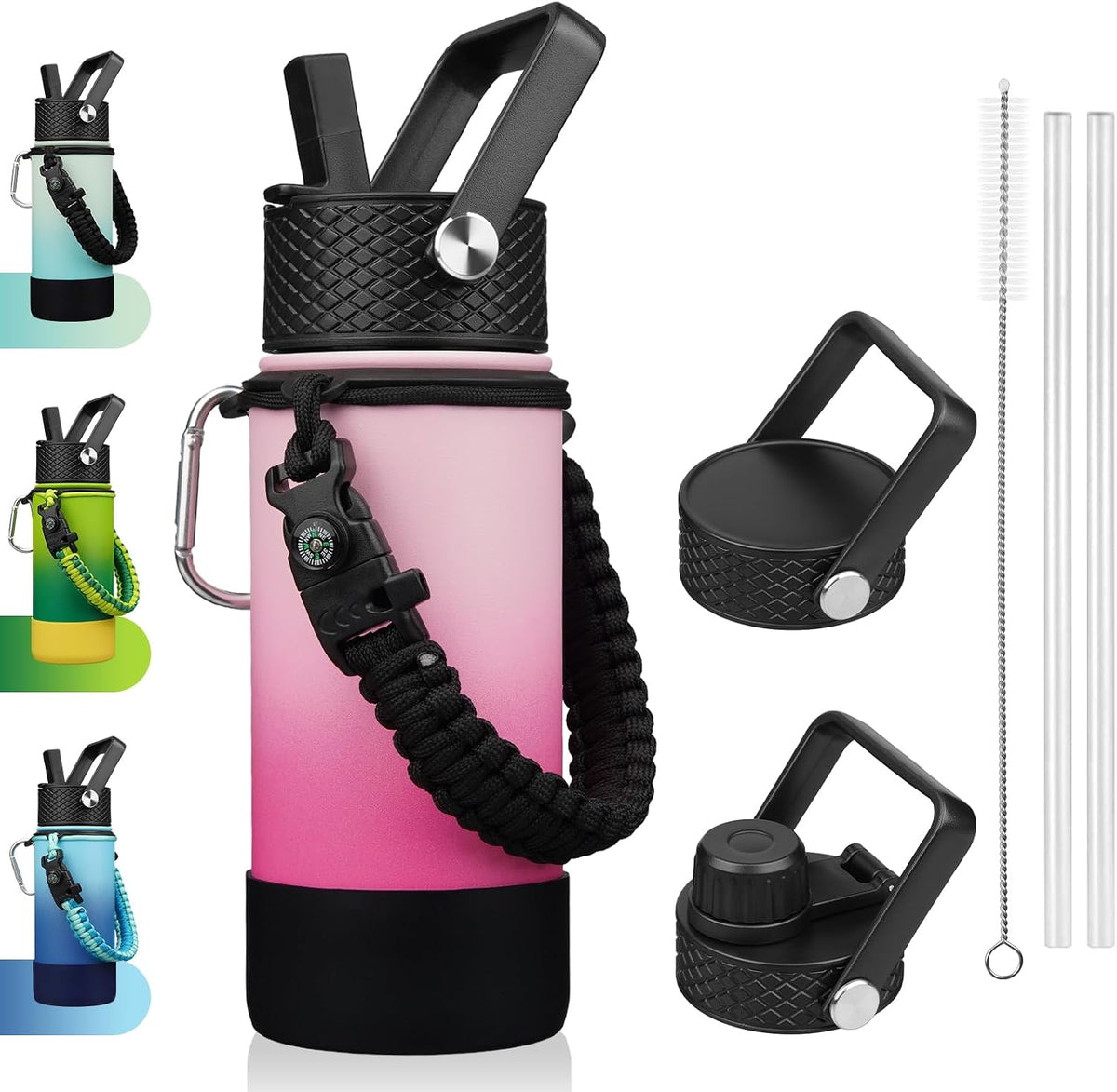 18oz Insulated Water Bottle with 3 Lids, Straw Lid & Handle | BPA-Free 18/8 Stainless Steel Bottle with Leak-Proof Lids, Paracord Handle & Removable Silicone Boot for Gym, Hiking, Travel