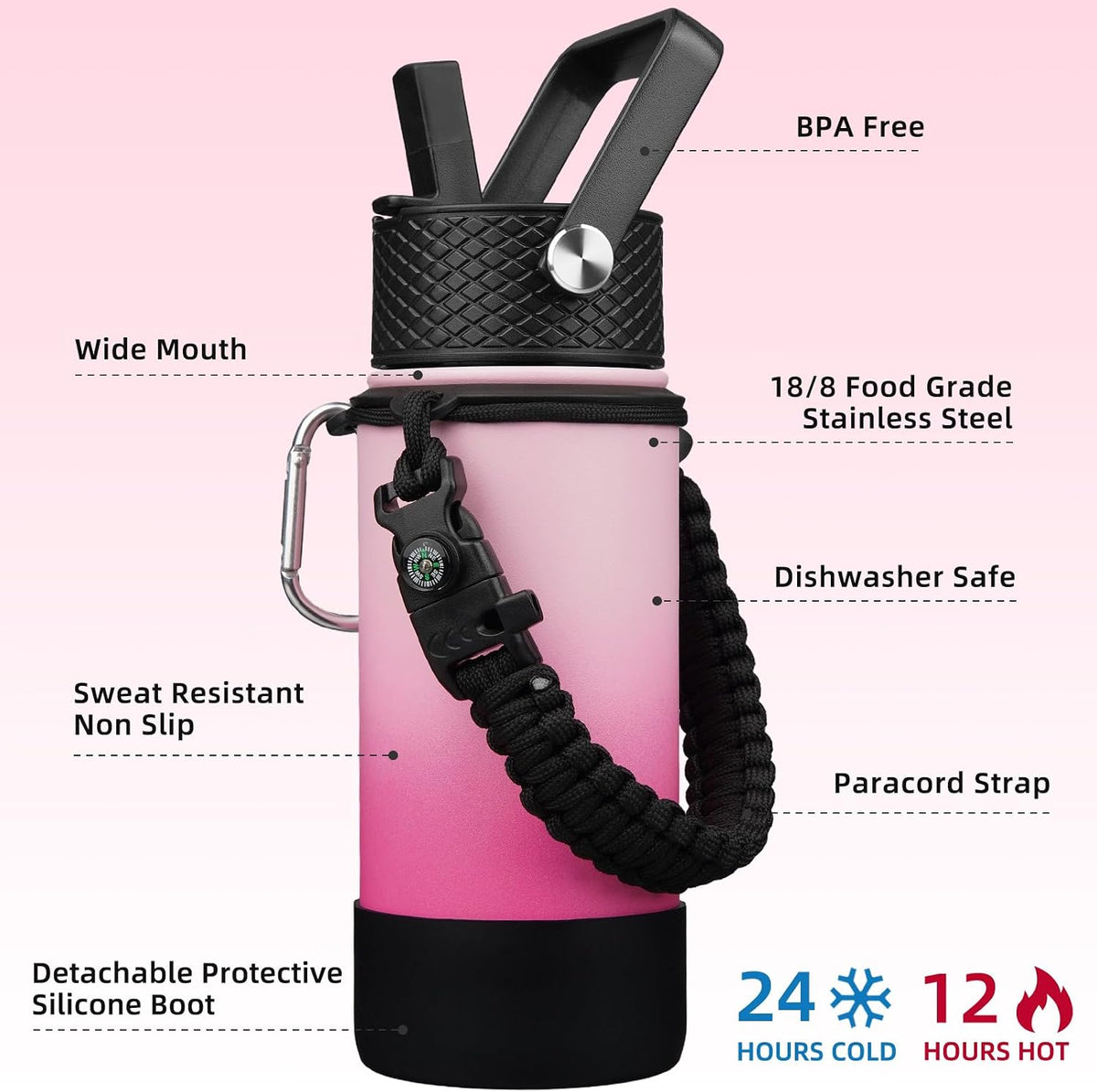 18oz Insulated Water Bottle with 3 Lids, Straw Lid & Handle | BPA-Free 18/8 Stainless Steel Bottle with Leak-Proof Lids, Paracord Handle & Removable Silicone Boot for Gym, Hiking, Travel