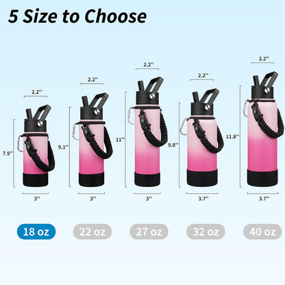 18oz Insulated Water Bottle with 3 Lids, Straw Lid & Handle | BPA-Free 18/8 Stainless Steel Bottle with Leak-Proof Lids, Paracord Handle & Removable Silicone Boot for Gym, Hiking, Travel