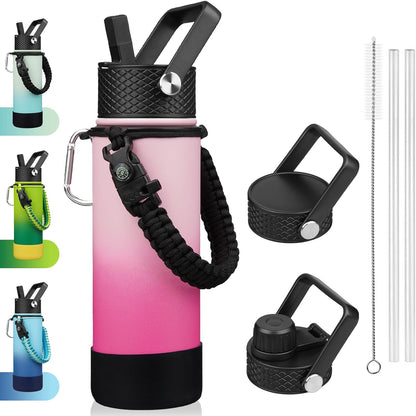 18oz Insulated Water Bottle with 3 Lids, Straw Lid & Handle | BPA-Free 18/8 Stainless Steel Bottle with Leak-Proof Lids, Paracord Handle & Removable Silicone Boot for Gym, Hiking, Travel