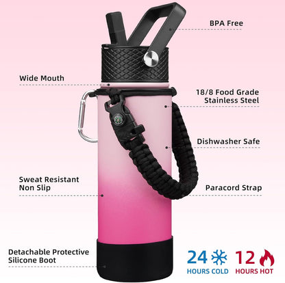 18oz Insulated Water Bottle with 3 Lids, Straw Lid & Handle | BPA-Free 18/8 Stainless Steel Bottle with Leak-Proof Lids, Paracord Handle & Removable Silicone Boot for Gym, Hiking, Travel