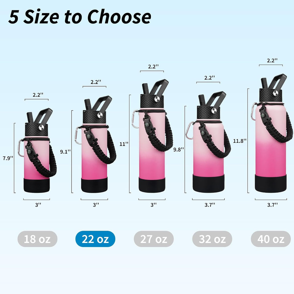 18oz Insulated Water Bottle with 3 Lids, Straw Lid & Handle | BPA-Free 18/8 Stainless Steel Bottle with Leak-Proof Lids, Paracord Handle & Removable Silicone Boot for Gym, Hiking, Travel