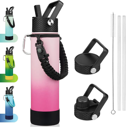 18oz Insulated Water Bottle with 3 Lids, Straw Lid & Handle | BPA-Free 18/8 Stainless Steel Bottle with Leak-Proof Lids, Paracord Handle & Removable Silicone Boot for Gym, Hiking, Travel