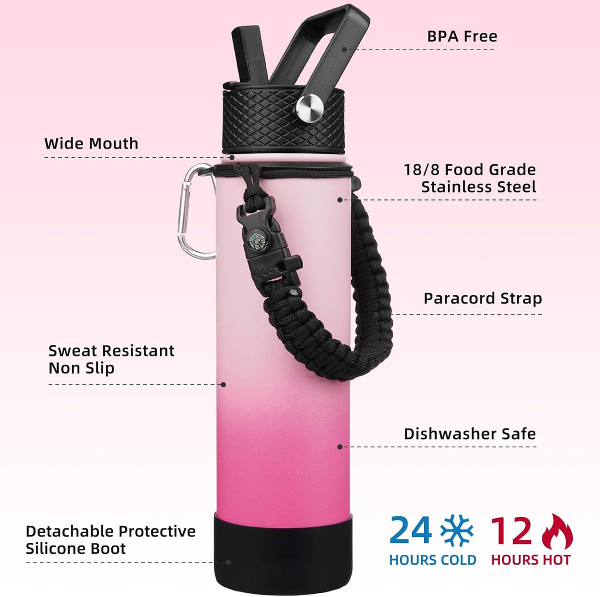 18oz Insulated Water Bottle with 3 Lids, Straw Lid & Handle | BPA-Free 18/8 Stainless Steel Bottle with Leak-Proof Lids, Paracord Handle & Removable Silicone Boot for Gym, Hiking, Travel
